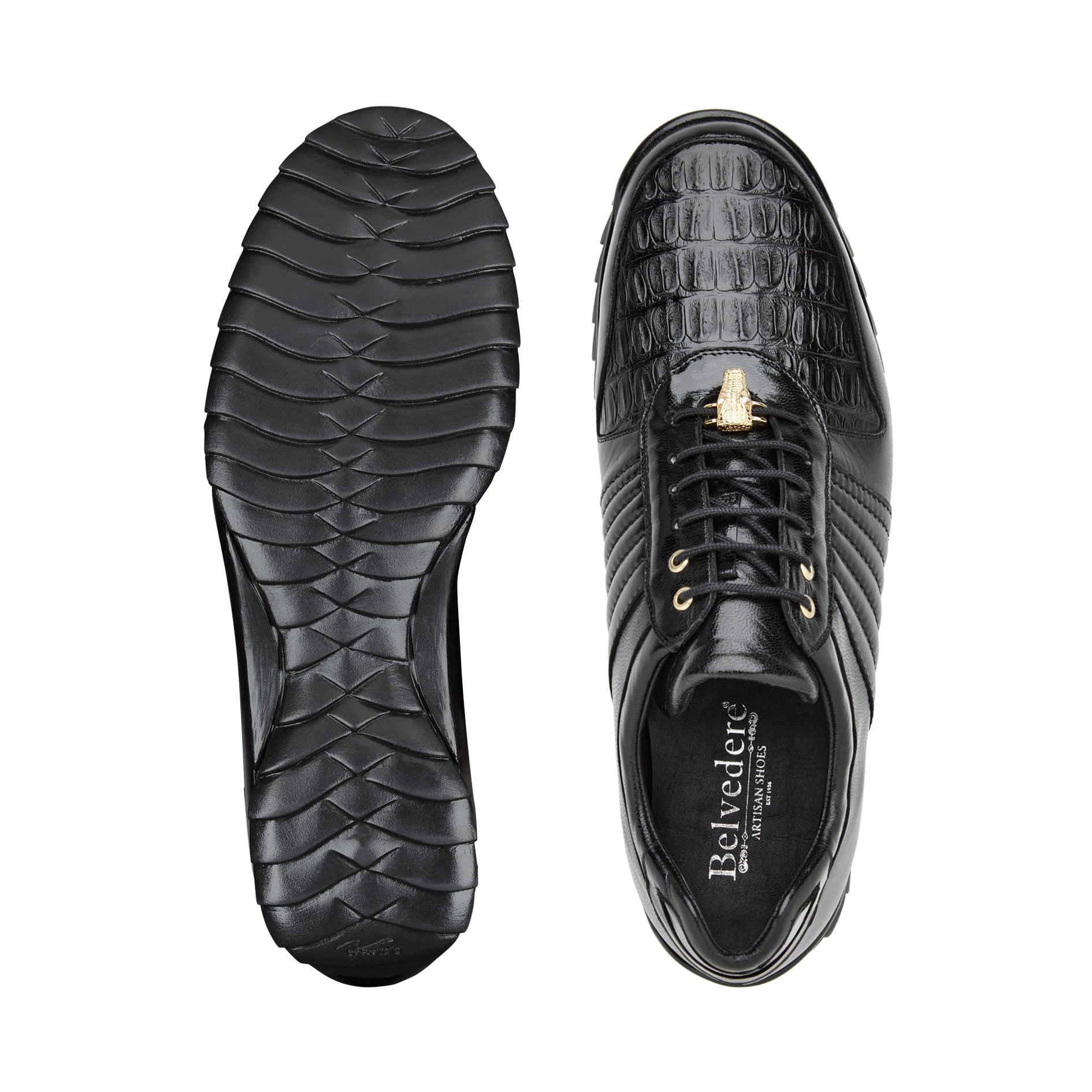 Belvedere - Astor, Genuine Hornback Caiman Crocodile and Soft Calf Sneaker - Black - 33599