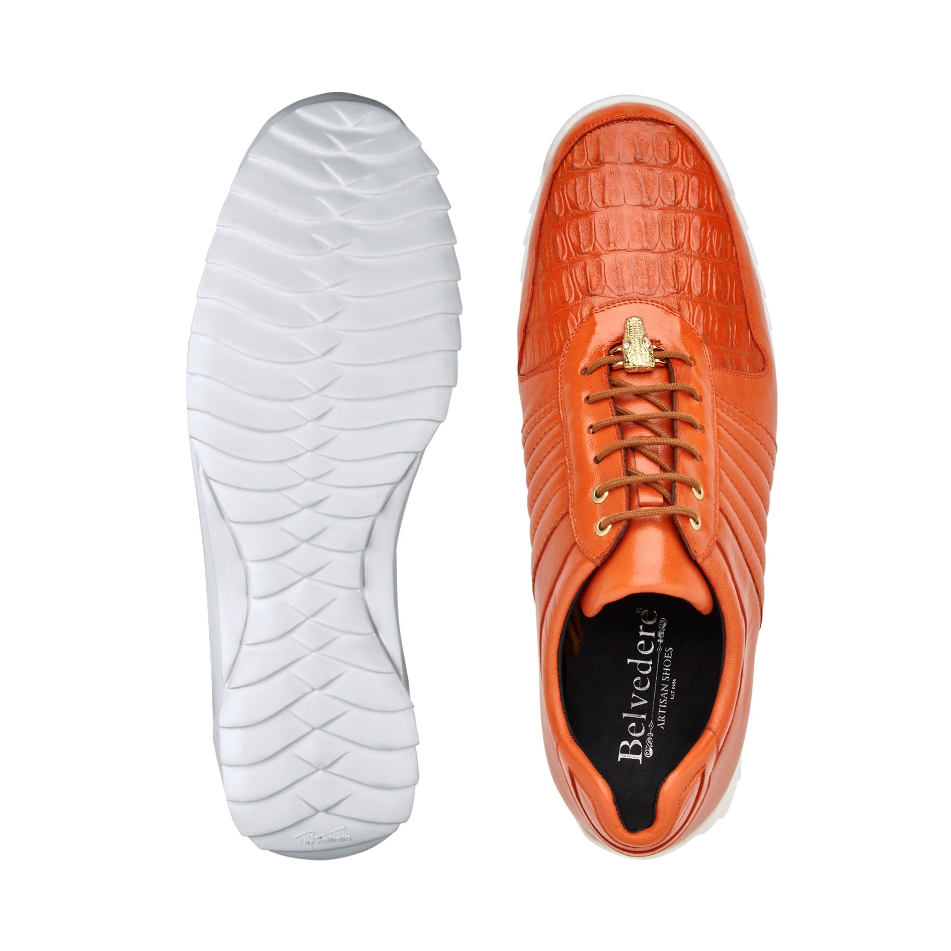 Belvedere - Astor, Genuine Hornback Caiman Crocodile and Soft Calf Sneaker - Orange - 33599