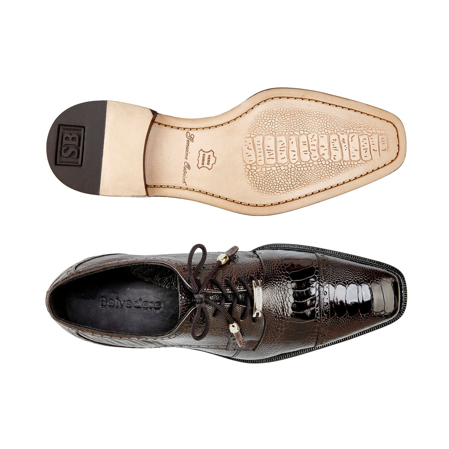 The image features the Belvedere - Batta, a chocolate-colored genuine ostrich leather dress shoe by BELVEDERE, displayed on a white background.