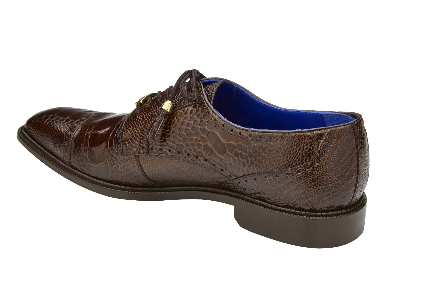 The image features the Belvedere - Batta, a chocolate-colored genuine ostrich leather dress shoe by BELVEDERE, displayed on a white background.