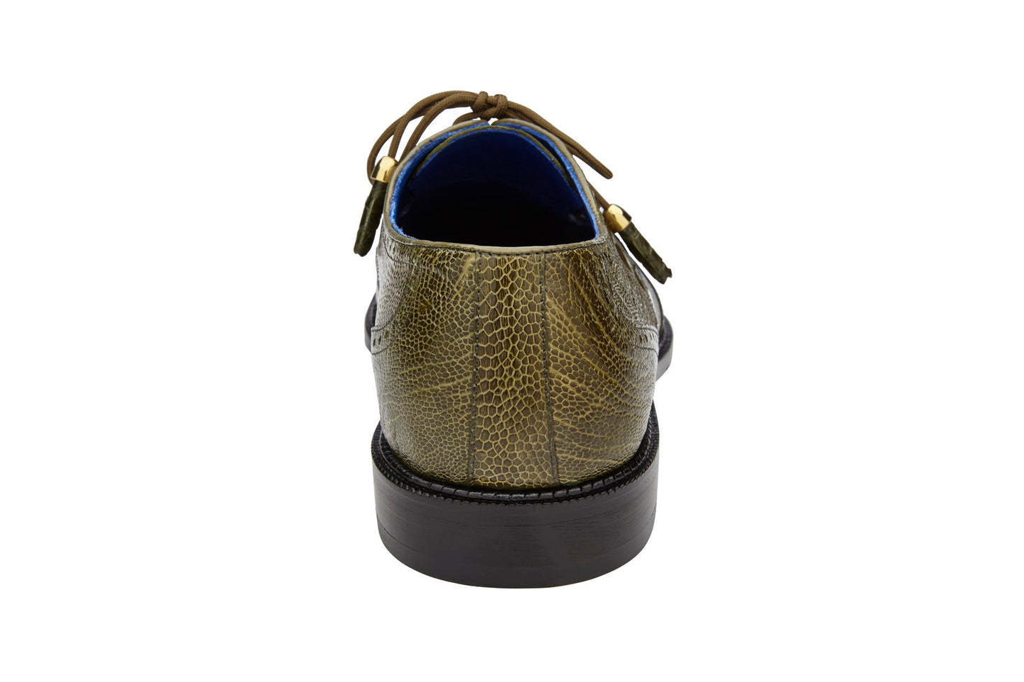 The product "Belvedere - Batta, Genuine Ostrich Leather Dress Shoe - Olive - 14006" from BELVEDERE features brogue detailing and subtle tassel accents and is showcased against a white background.