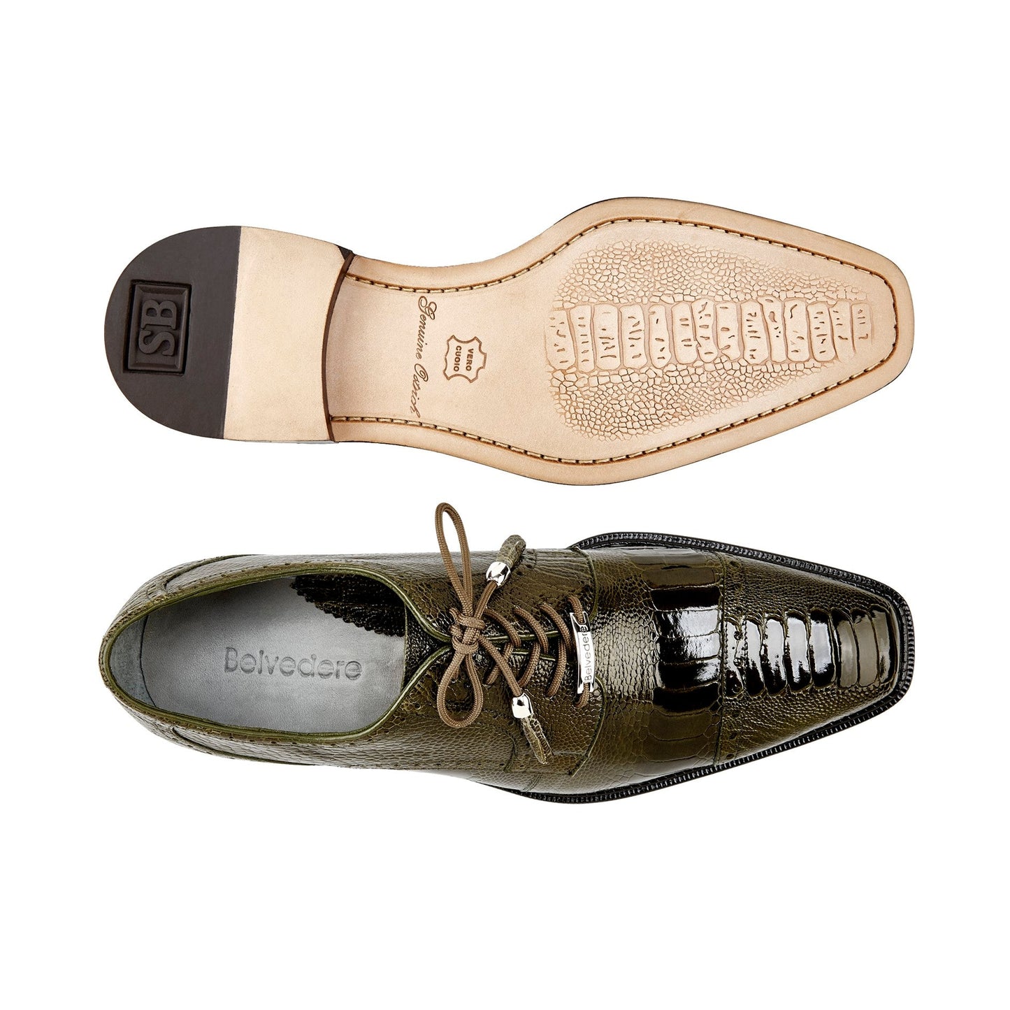 The product "Belvedere - Batta, Genuine Ostrich Leather Dress Shoe - Olive - 14006" from BELVEDERE features brogue detailing and subtle tassel accents and is showcased against a white background.