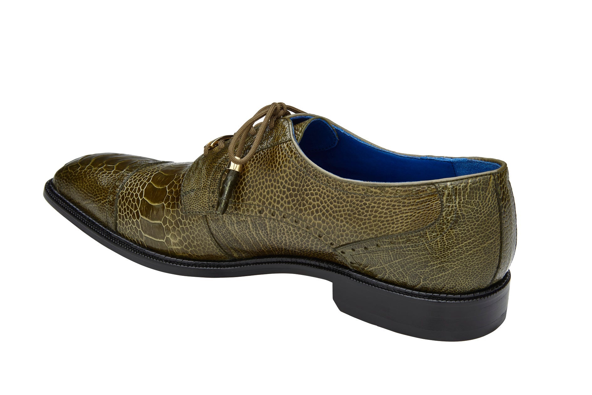 The product "Belvedere - Batta, Genuine Ostrich Leather Dress Shoe - Olive - 14006" from BELVEDERE features brogue detailing and subtle tassel accents and is showcased against a white background.