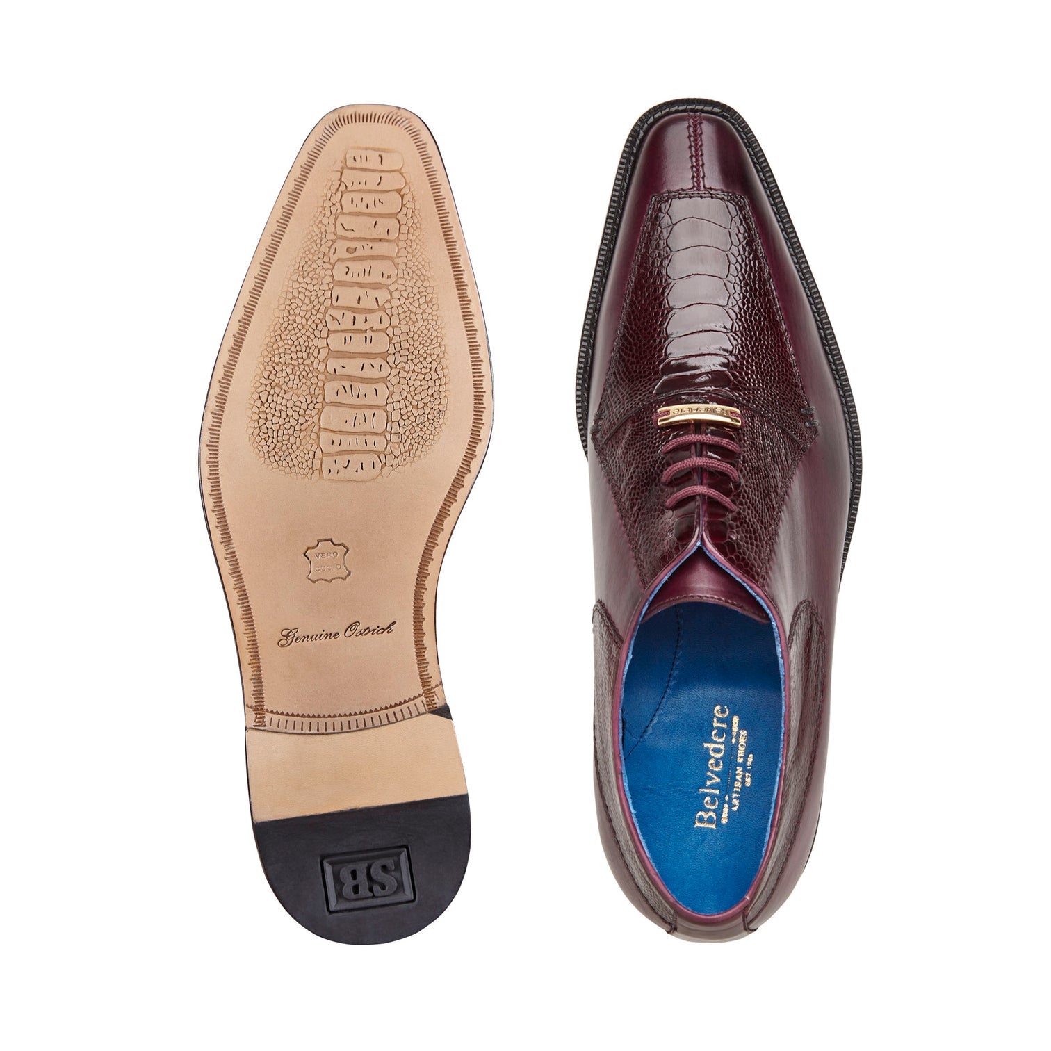 The Belvedere - Biagio dress shoe, crafted from genuine ostrich leg and Italian calf, comes in an antique burgundy shade with a black leather sole and laces. It features a textured pattern and a low heel, seen from the side.