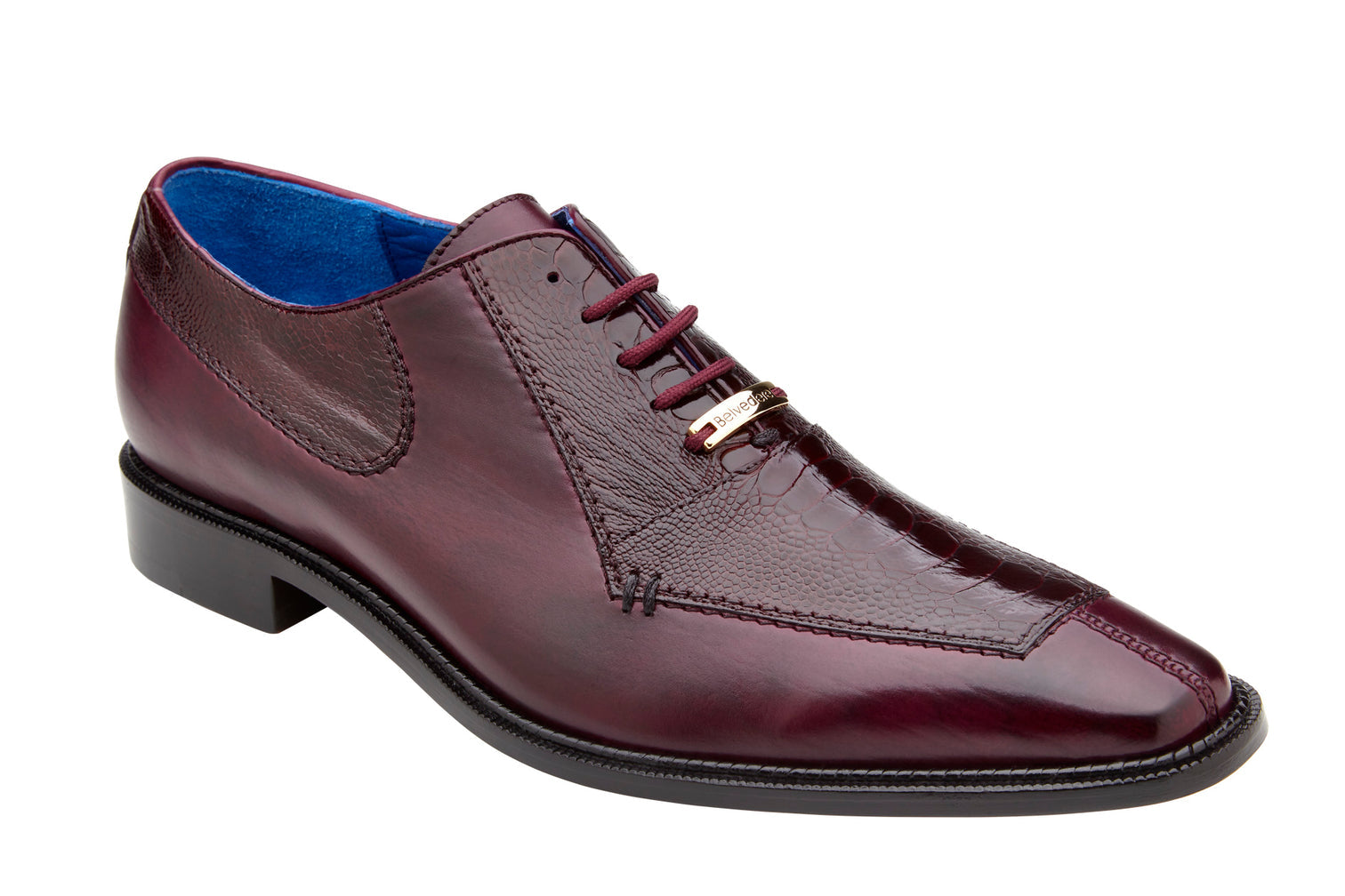 The Belvedere - Biagio dress shoe, crafted from genuine ostrich leg and Italian calf, comes in an antique burgundy shade with a black leather sole and laces. It features a textured pattern and a low heel, seen from the side.