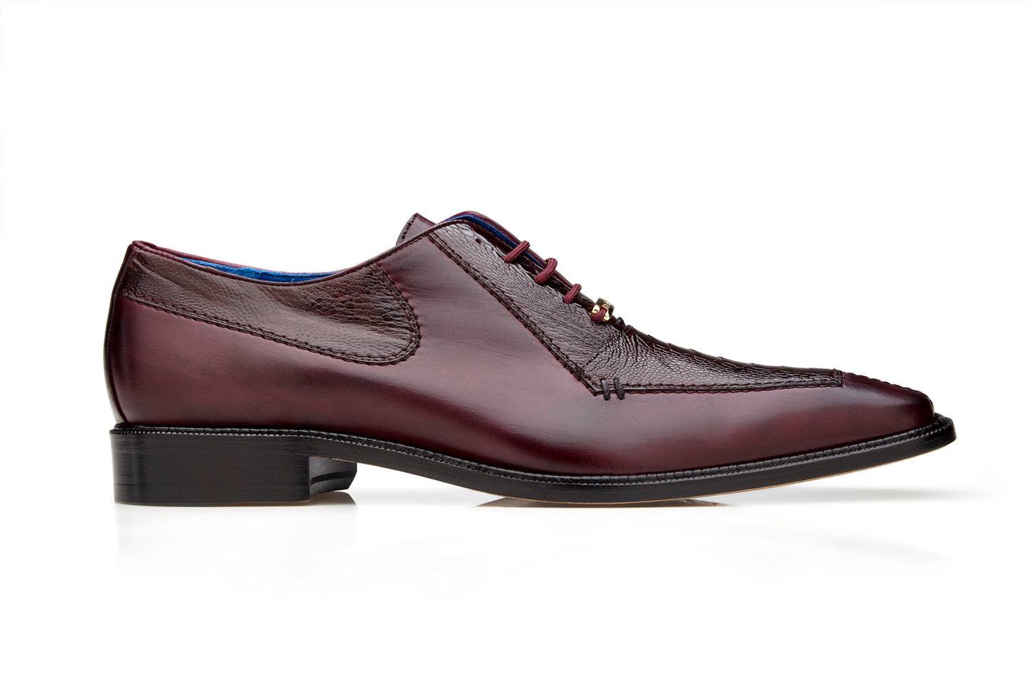 The Belvedere - Biagio dress shoe, crafted from genuine ostrich leg and Italian calf, comes in an antique burgundy shade with a black leather sole and laces. It features a textured pattern and a low heel, seen from the side.