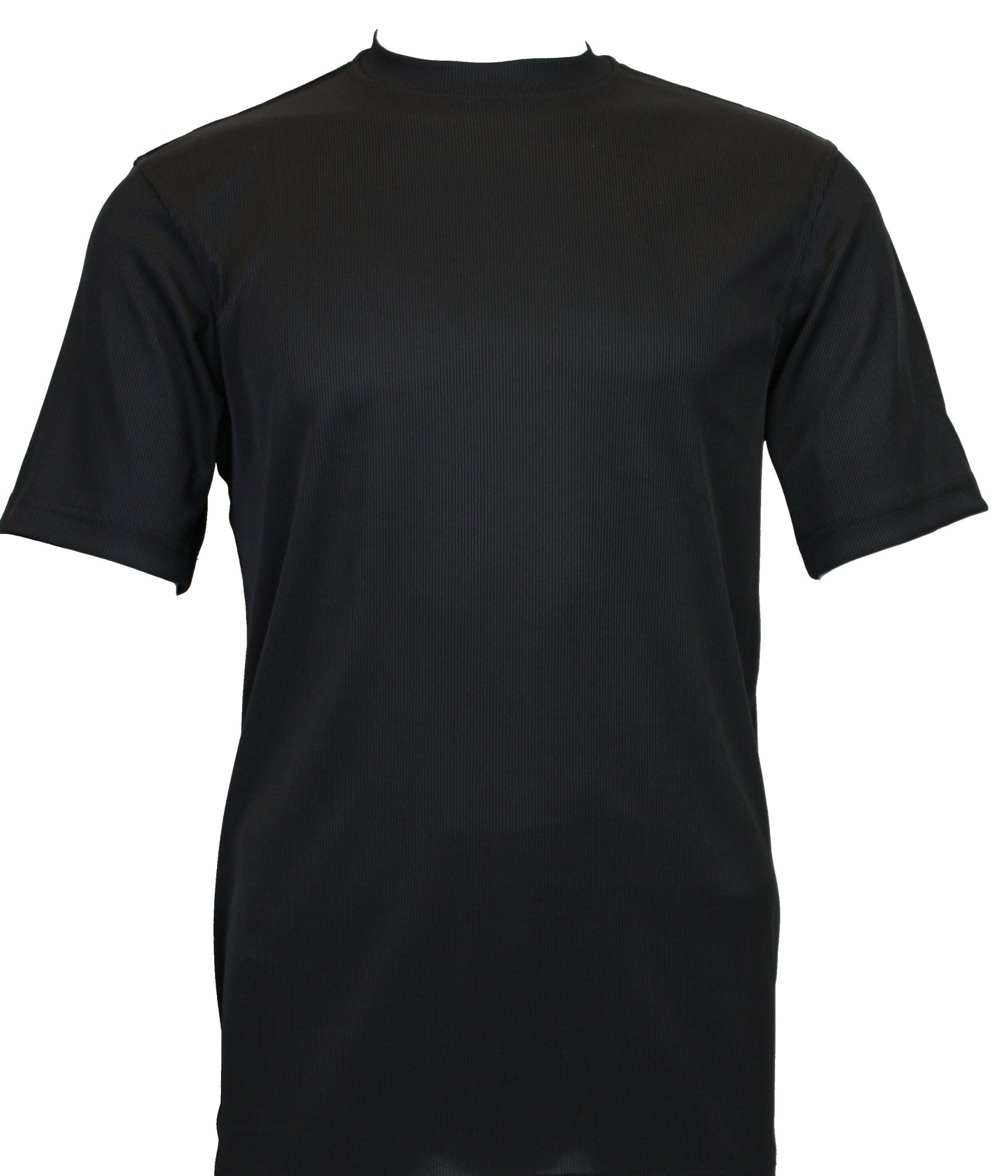 The Bassiri S/S Mock-Neck Black T-Shirt 218 features a black short-sleeve design with a mock-neck style, offering timeless comfort perfect for any wardrobe.