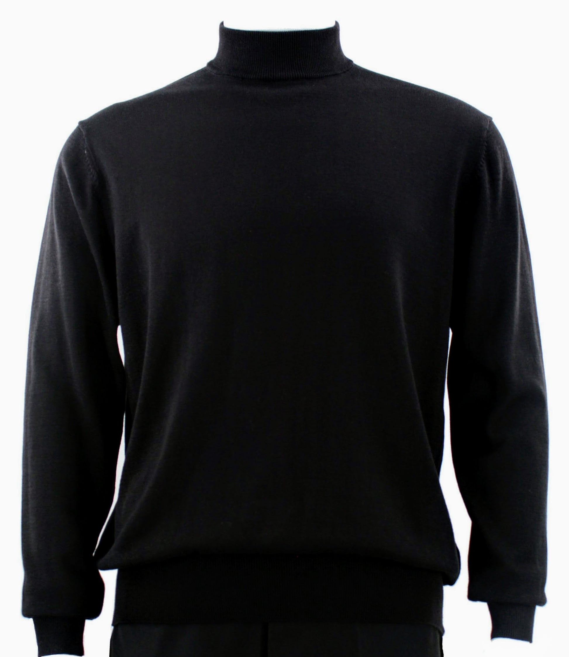 The Bassiri L/S Mock-Neck Black Sweater, crafted from a soft Tencel and cotton blend, is elegantly displayed on a mannequin. Style #630.