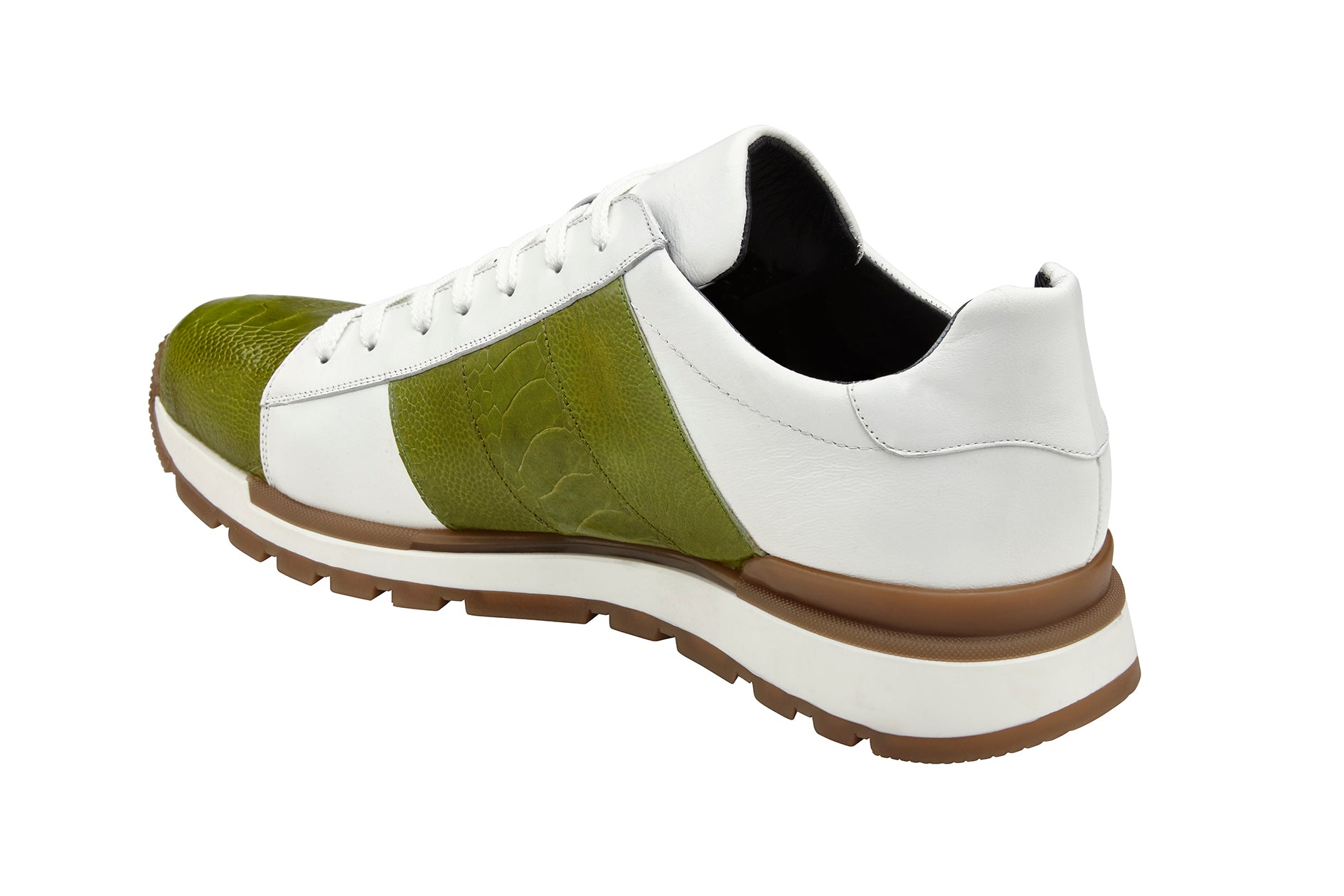 Introducing the Belvedere - Blake sneaker, crafted from genuine ostrich and soft Italian Calf leather in a striking Lime/White color combination. This luxurious shoe features a textured pattern, adorned with brown accents and a white sole for an exquisite finish.