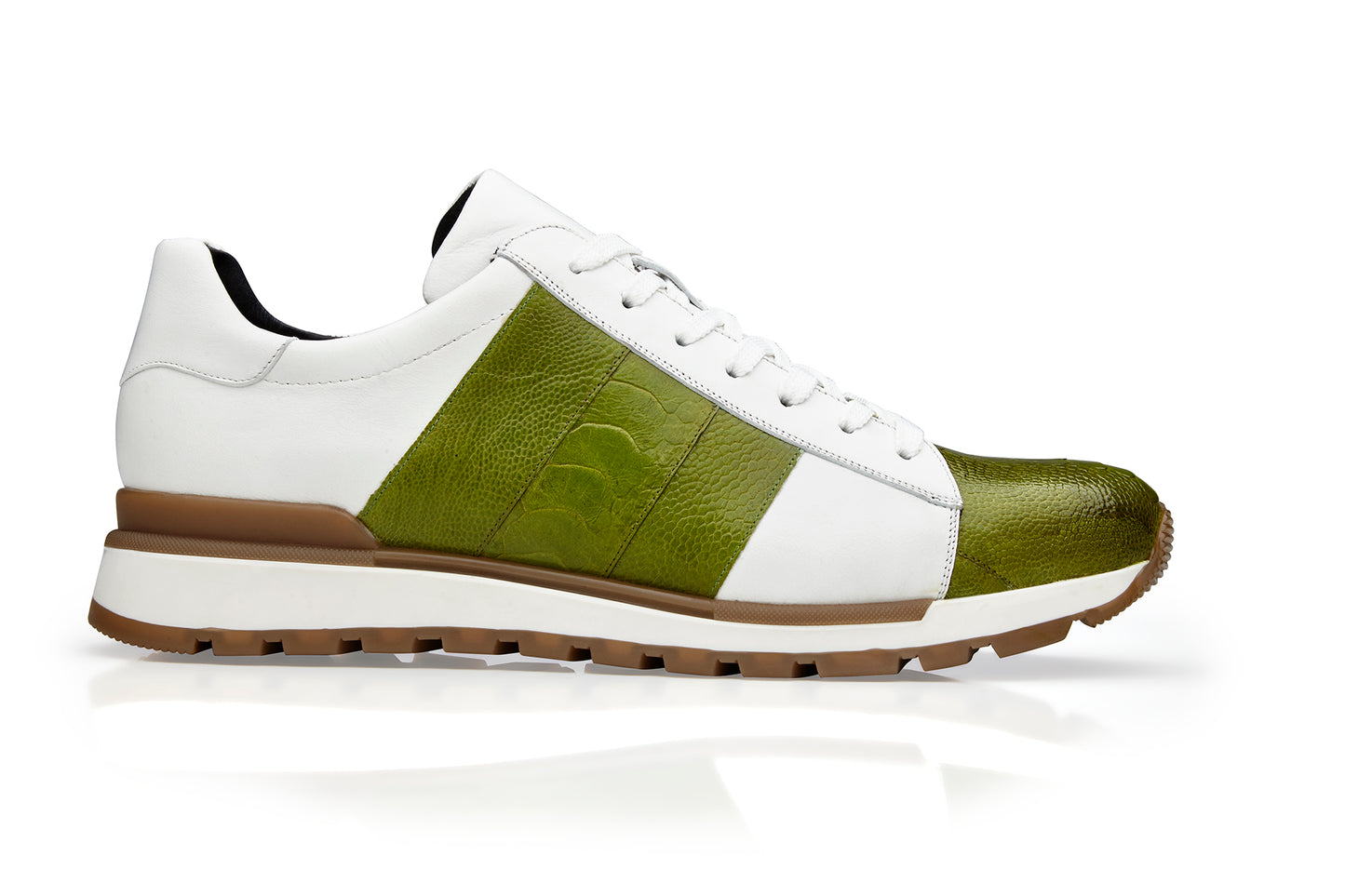 Introducing the Belvedere - Blake sneaker, crafted from genuine ostrich and soft Italian Calf leather in a striking Lime/White color combination. This luxurious shoe features a textured pattern, adorned with brown accents and a white sole for an exquisite finish.