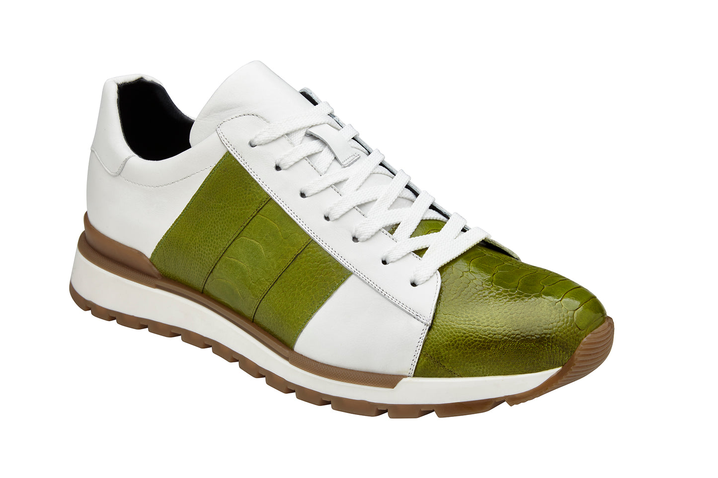 Introducing the Belvedere - Blake sneaker, crafted from genuine ostrich and soft Italian Calf leather in a striking Lime/White color combination. This luxurious shoe features a textured pattern, adorned with brown accents and a white sole for an exquisite finish.