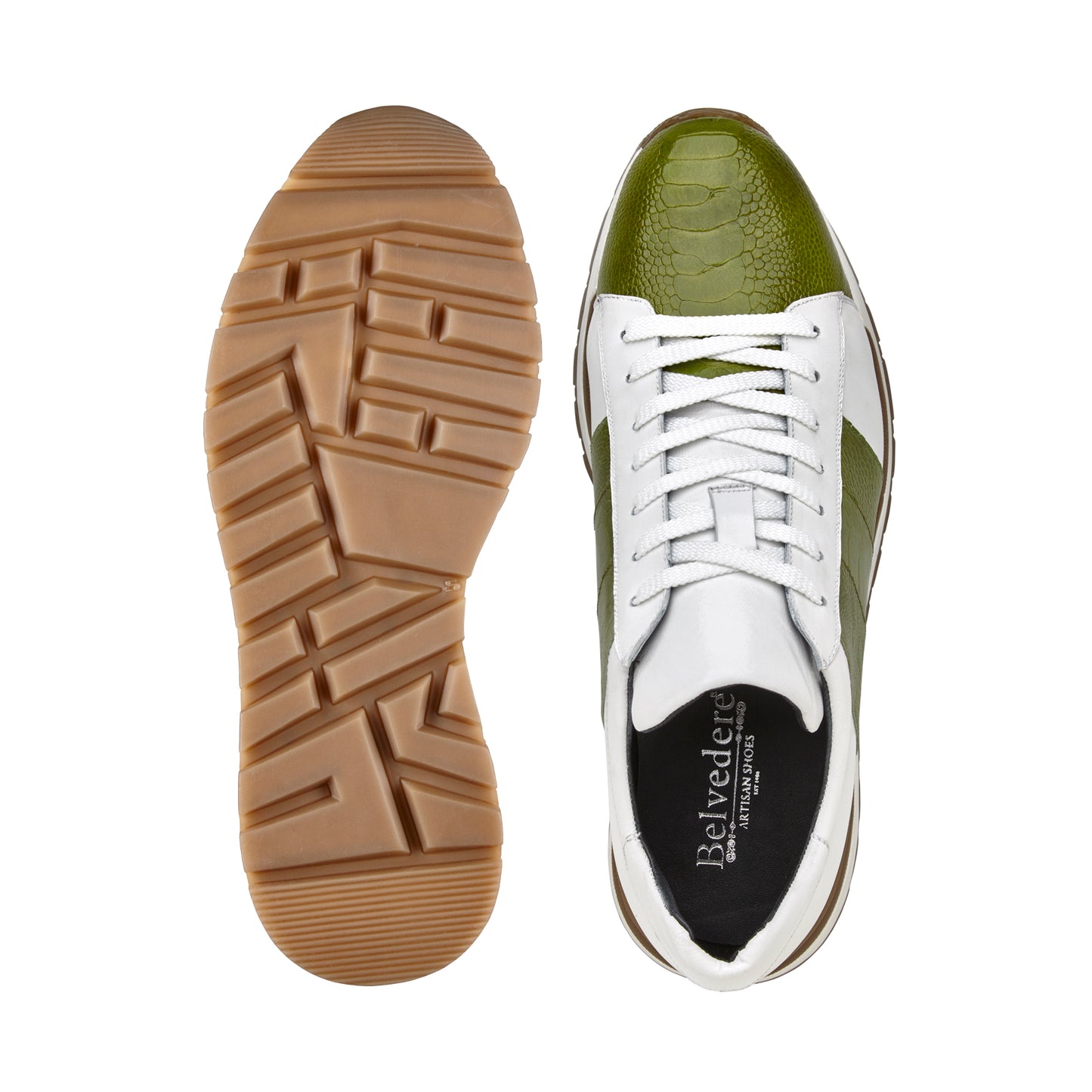 Introducing the Belvedere - Blake sneaker, crafted from genuine ostrich and soft Italian Calf leather in a striking Lime/White color combination. This luxurious shoe features a textured pattern, adorned with brown accents and a white sole for an exquisite finish.