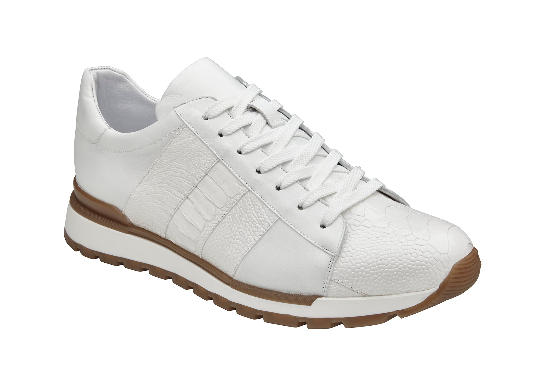 Side view of the Belvedere - Blake sneaker in white, showcasing a textured stripe, white laces, and a brown sole. Crafted with genuine ostrich and luxurious soft Italian calf leather lining for enhanced comfort.