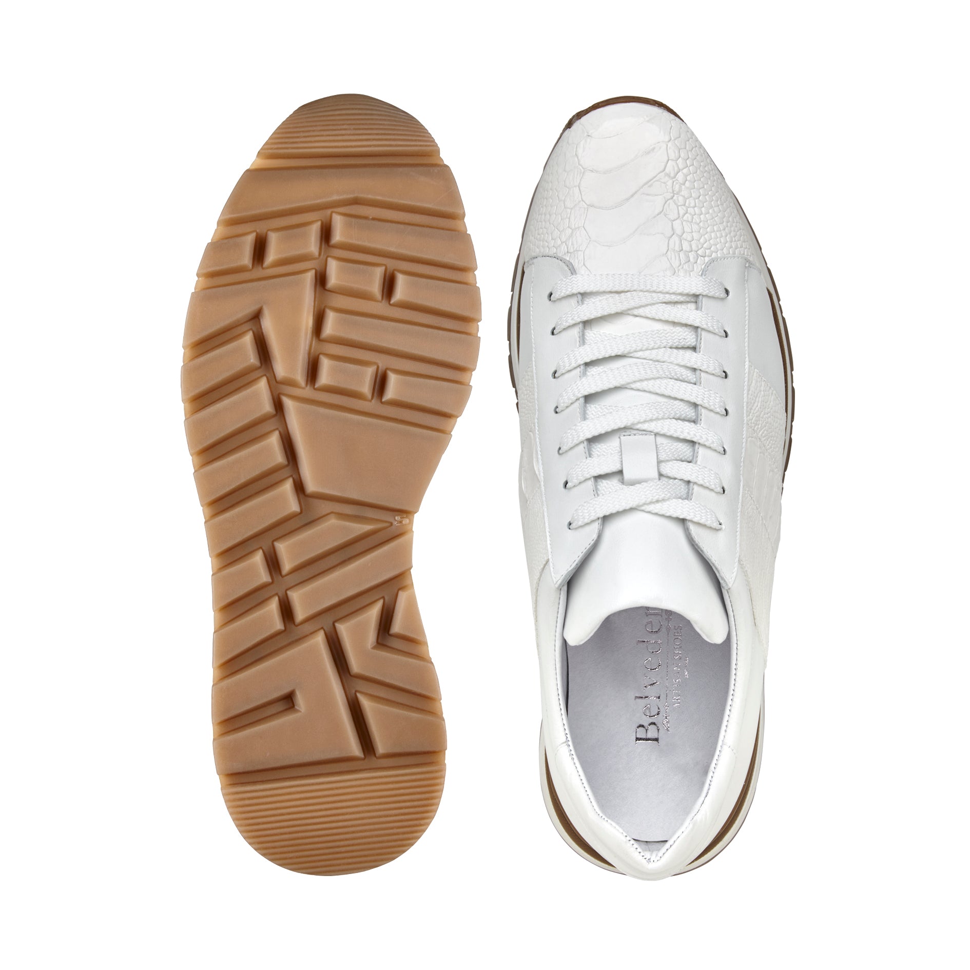 Side view of the Belvedere - Blake sneaker in white, showcasing a textured stripe, white laces, and a brown sole. Crafted with genuine ostrich and luxurious soft Italian calf leather lining for enhanced comfort.