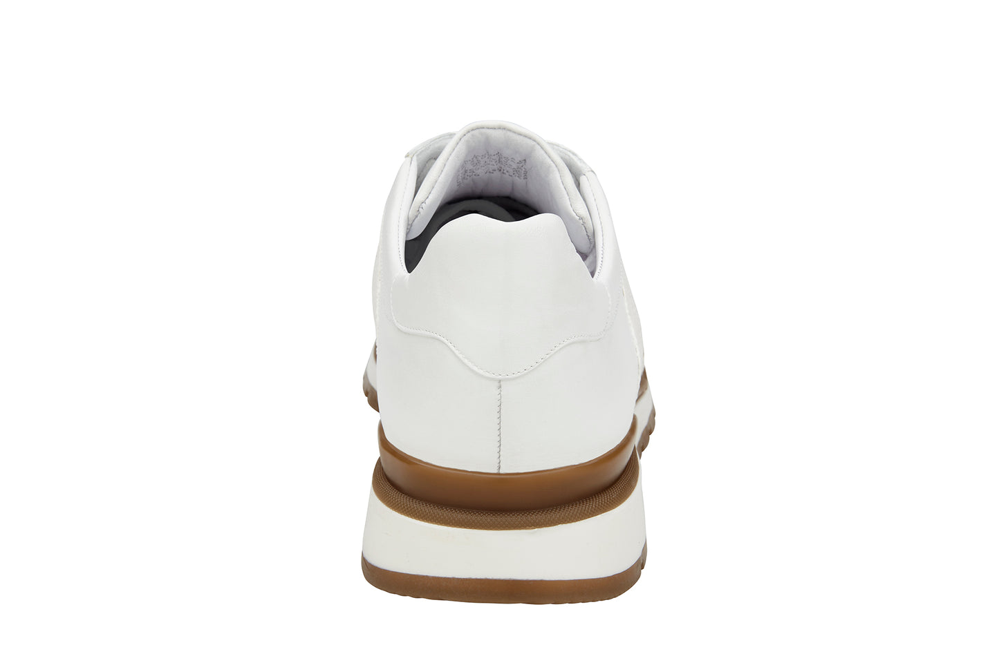 Side view of the Belvedere - Blake sneaker in white, showcasing a textured stripe, white laces, and a brown sole. Crafted with genuine ostrich and luxurious soft Italian calf leather lining for enhanced comfort.