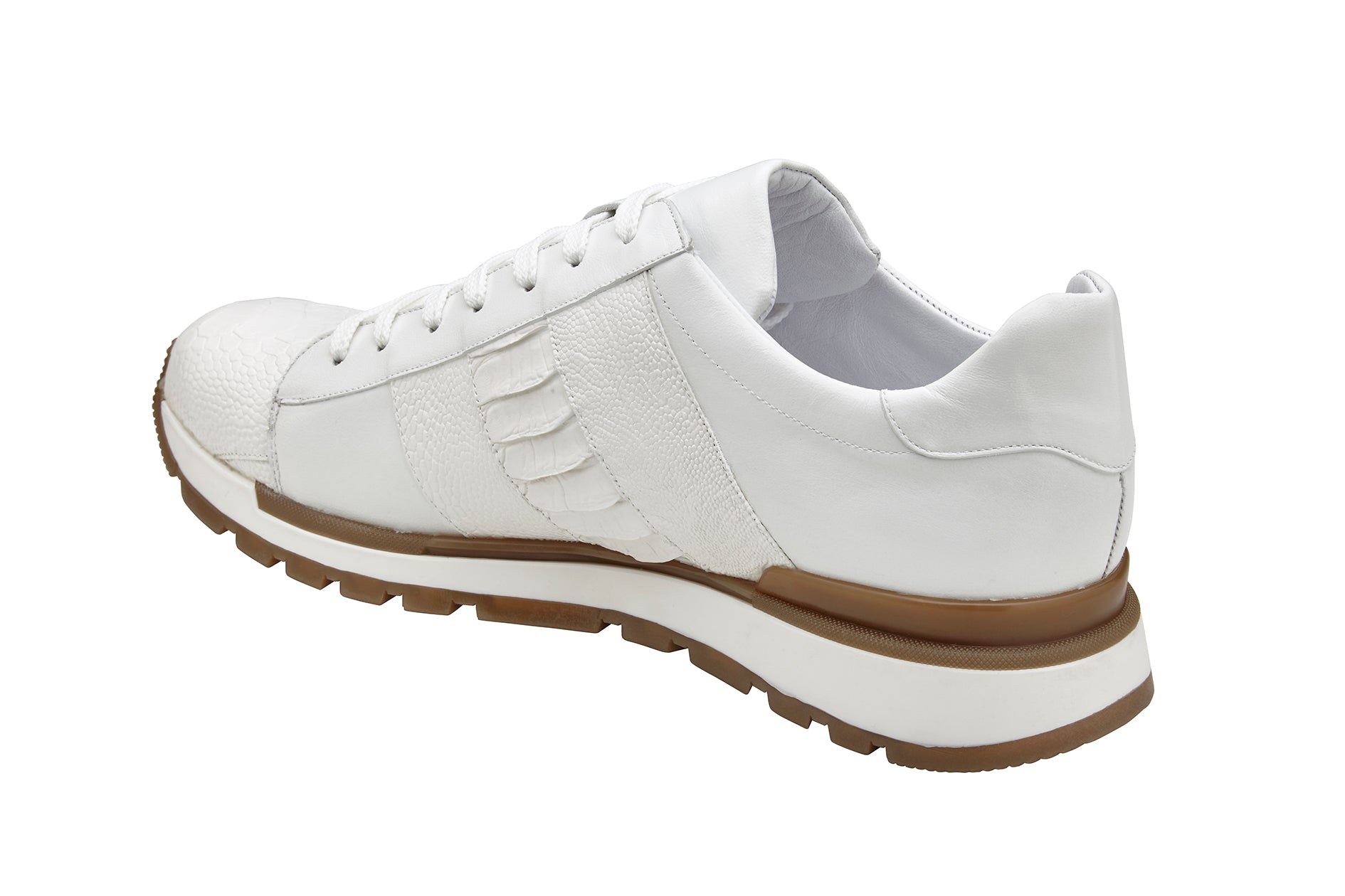 Side view of the Belvedere - Blake sneaker in white, showcasing a textured stripe, white laces, and a brown sole. Crafted with genuine ostrich and luxurious soft Italian calf leather lining for enhanced comfort.