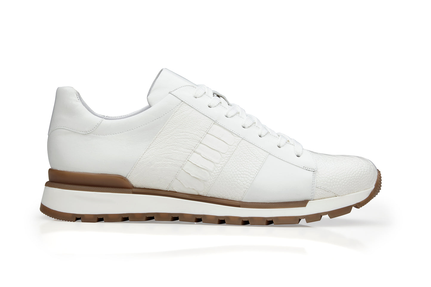 Side view of the Belvedere - Blake sneaker in white, showcasing a textured stripe, white laces, and a brown sole. Crafted with genuine ostrich and luxurious soft Italian calf leather lining for enhanced comfort.