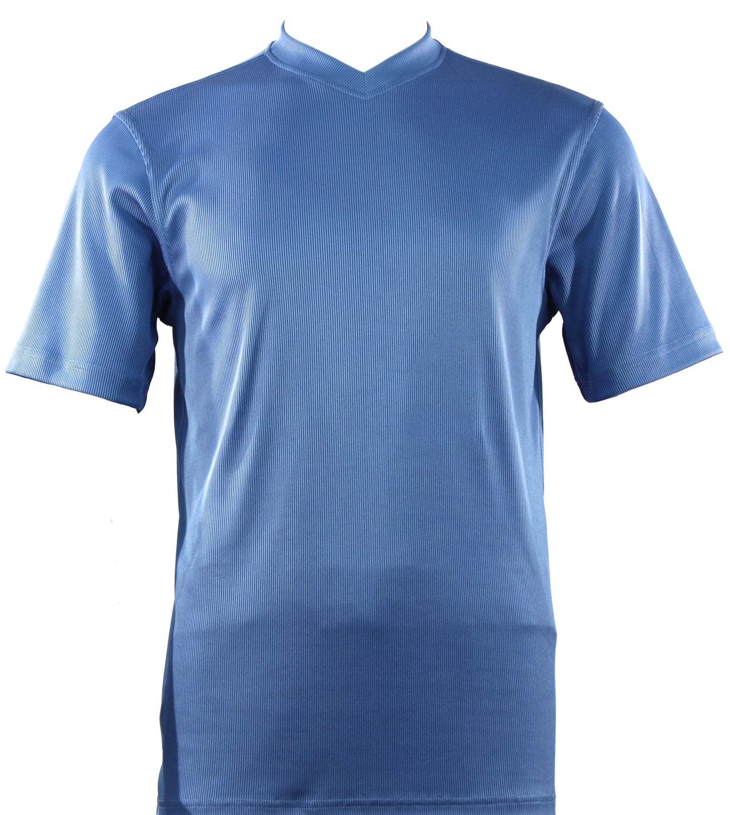 Bassiri's S/S V-Neck Blue T-Shirt 219, made from soft microfiber and spandex, is highlighted on a white background.