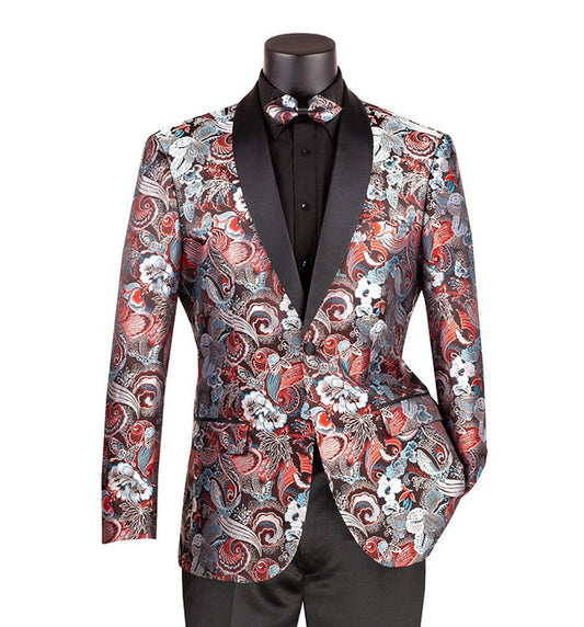 The Vinci Suits Vinci Modern Fit Paisley Pattern Jacquard Fabric Jacket in Burgundy BM-3 is a men's blazer featuring a red, silver, and black floral and paisley pattern with sleek shawl lapels. Perfectly styled over a black shirt for a modern fit look, it includes a matching bow tie.