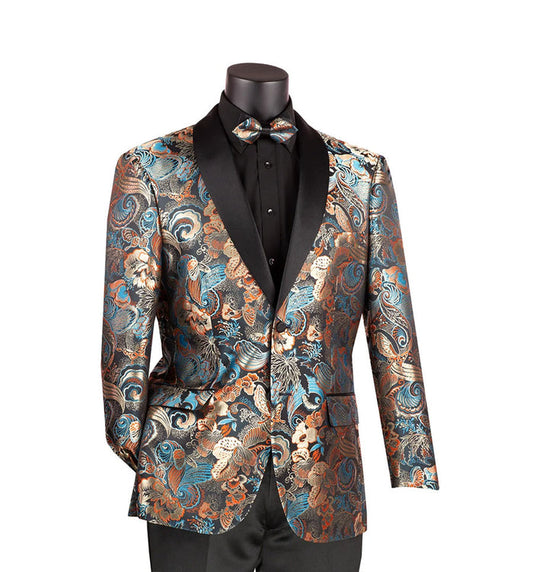 A mannequin dressed in a Vinci Suits Modern Fit Paisley Pattern Jacquard Fabric Jacket with a bow tie, showcasing stylish black shawl lapels over a sleek black shirt.