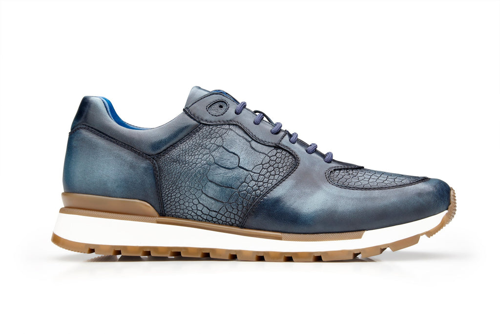 Belvedere - Bobo, Genuine Ostrich leg and Italian Calf Sneaker - Antique Blue Safari - G01