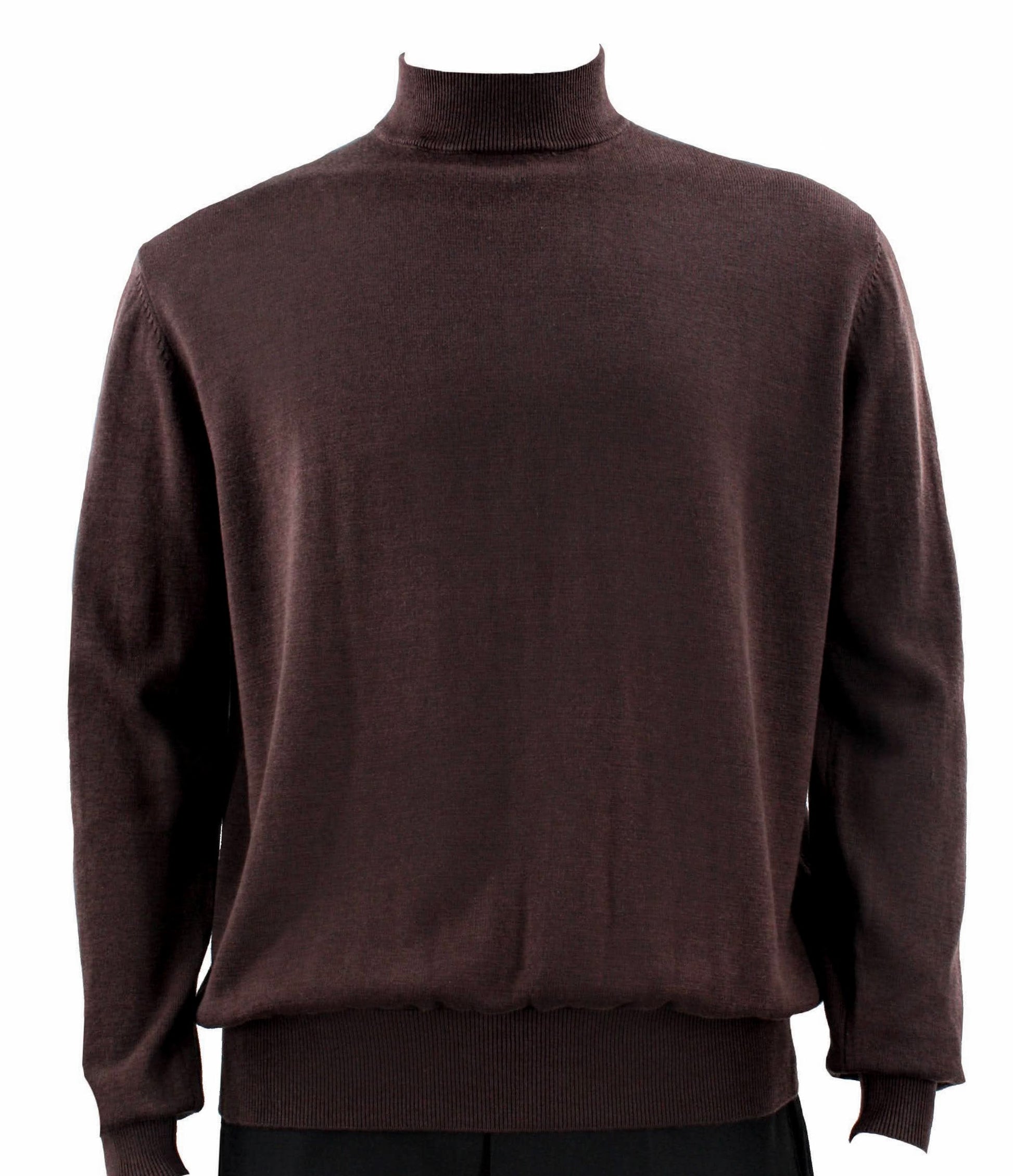 The Bassiri L/S Mock-Neck Brown Sweater 630, made from a soft Tencel blend, is showcased on a mannequin set against a plain white background.