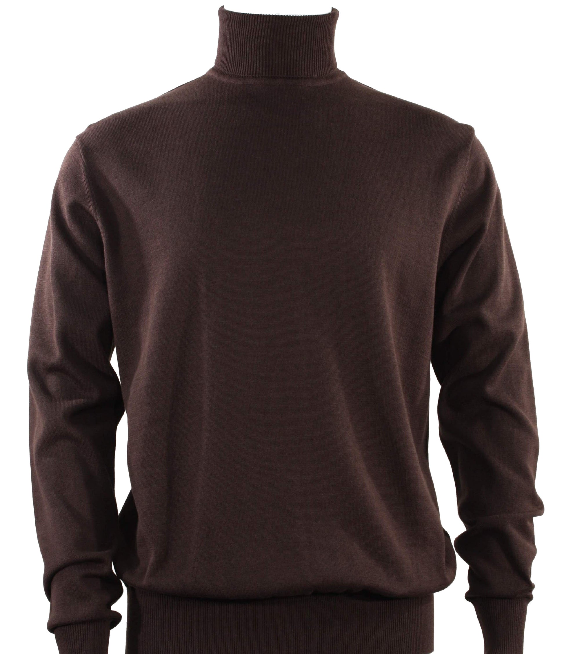 The Bassiri L/S Turtleneck Brown Sweater 631 by Bassiri is made from soft cotton and showcases long sleeves and ribbed cuffs, all against a plain background.