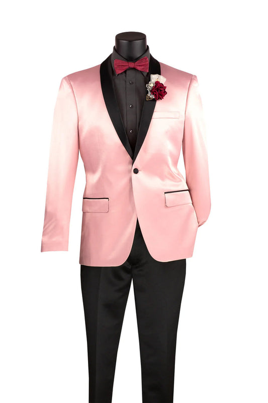 A mannequin displays the Vinci Slim Fit Sport Coat with Narrow Shawl Lapel in Pink by Vinci Suits, paired with a black shirt and wrinkle-resistant black pants. The look is finished with a red bow tie and boutonniere.