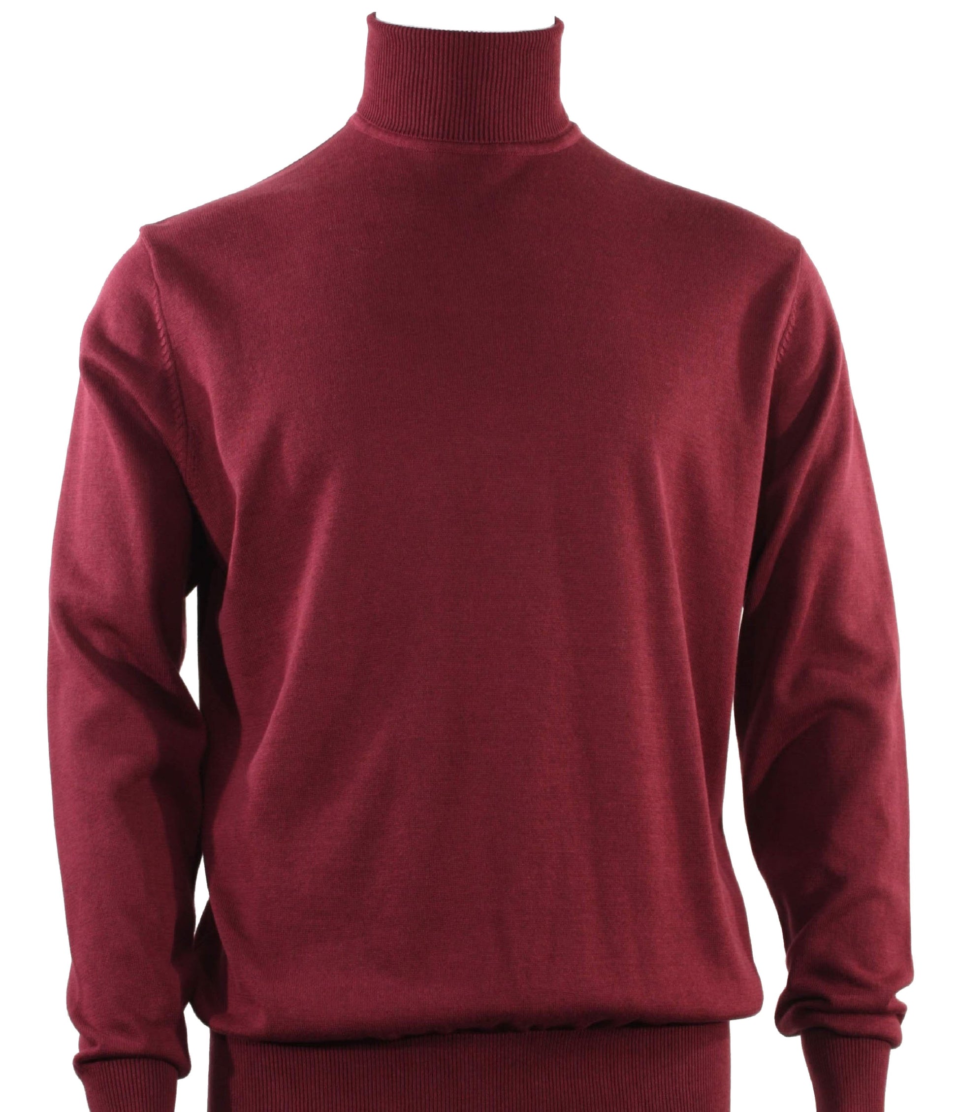 A burgundy turtleneck sweater made from cotton, displayed on a mannequin for a front view showcase. Style #631 by Bassiri.