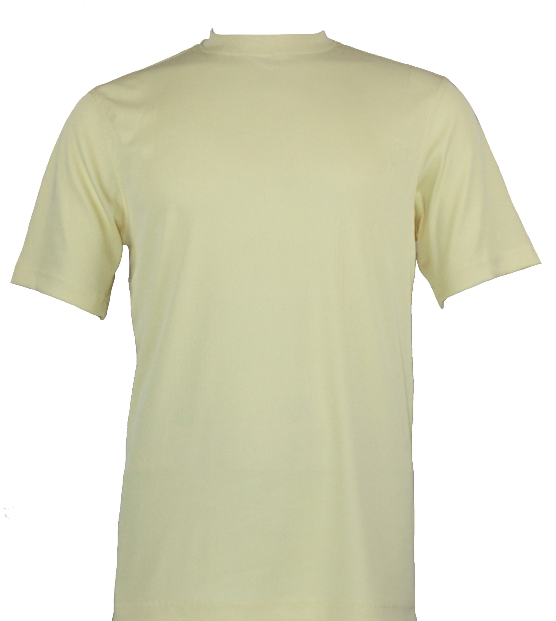 The Bassiri S/S Mock-Neck Butter T-Shirt 218, designed by Bassiri, is a light yellow short-sleeve poly spandex tee that provides a comfortable fit against a white backdrop.