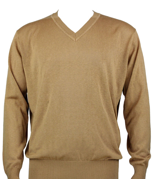 The Bassiri L/S V-Neck Camel Sweater 627 by Bassiri is a long-sleeved, modern-fit sweater made from cotton, presented in a plain beige color with a V-neck design against a white background.