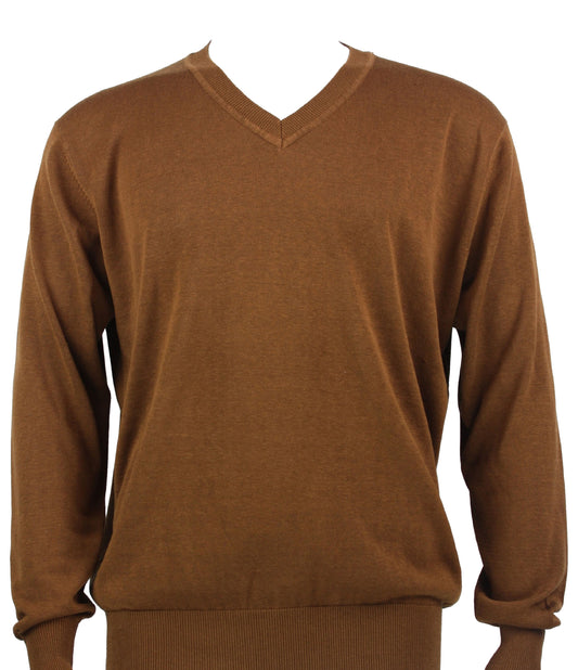 The Bassiri L/S V-Neck Cognac Sweater 627, crafted from soft cotton, is showcased against a simple backdrop, featuring a modern fit that blends timeless style with everyday comfort.