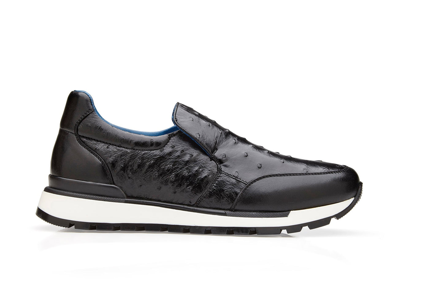 Introducing the Belvedere - Cramer by BELVEDERE: a genuine ostrich and soft Italian calf sneaker in black, featuring a textured upper and a soft leather lining on top of a sleek white rubber sole.