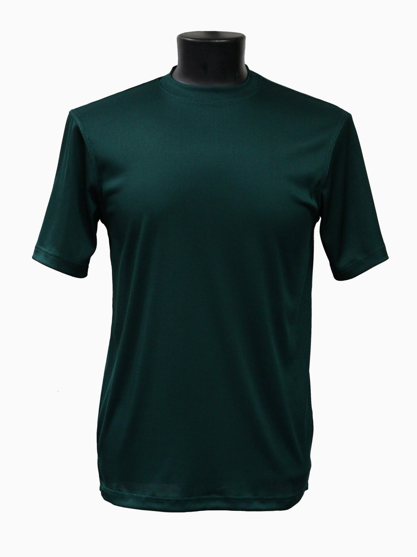 Emerald green Bassiri S/S mock-neck T-shirt 218 displayed on a black mannequin torso against a plain white background.