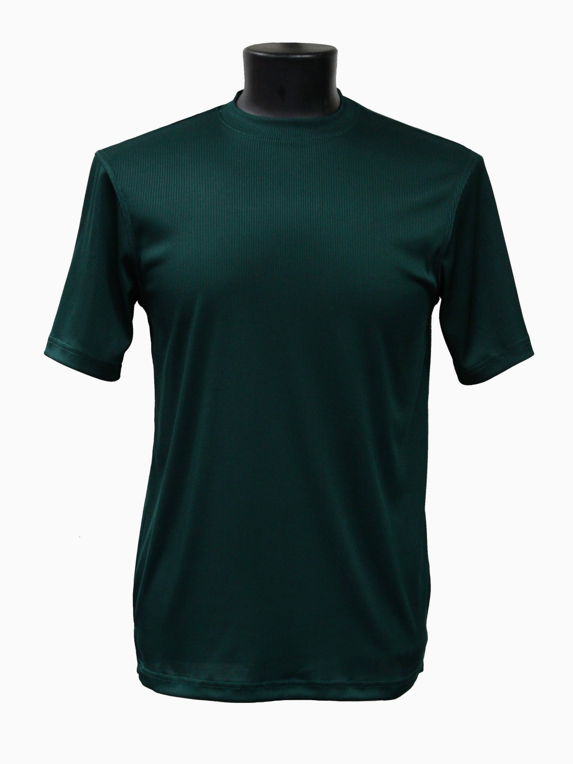 Emerald green Bassiri S/S mock-neck T-shirt 218 displayed on a black mannequin torso against a plain white background.