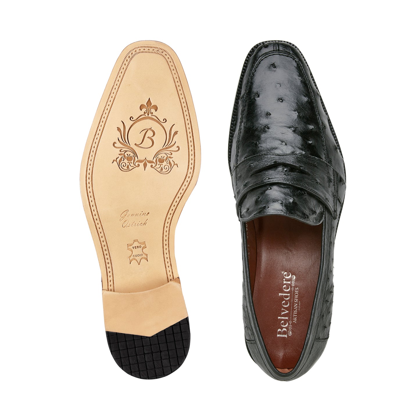 Presenting the Belvedere - Espada: a genuine ostrich leather dress shoe in black. This sophisticated shoe features a low heel and leather sole, showcasing both visible texture and a smooth finish.