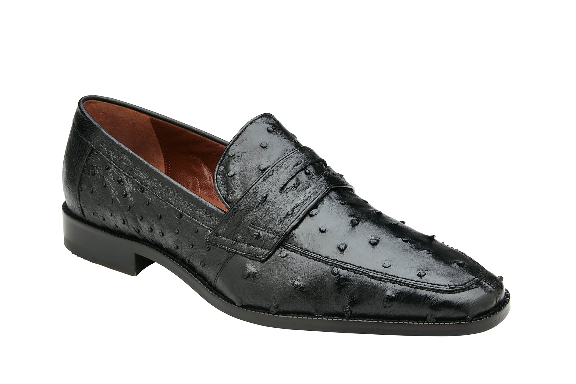 Presenting the Belvedere - Espada: a genuine ostrich leather dress shoe in black. This sophisticated shoe features a low heel and leather sole, showcasing both visible texture and a smooth finish.