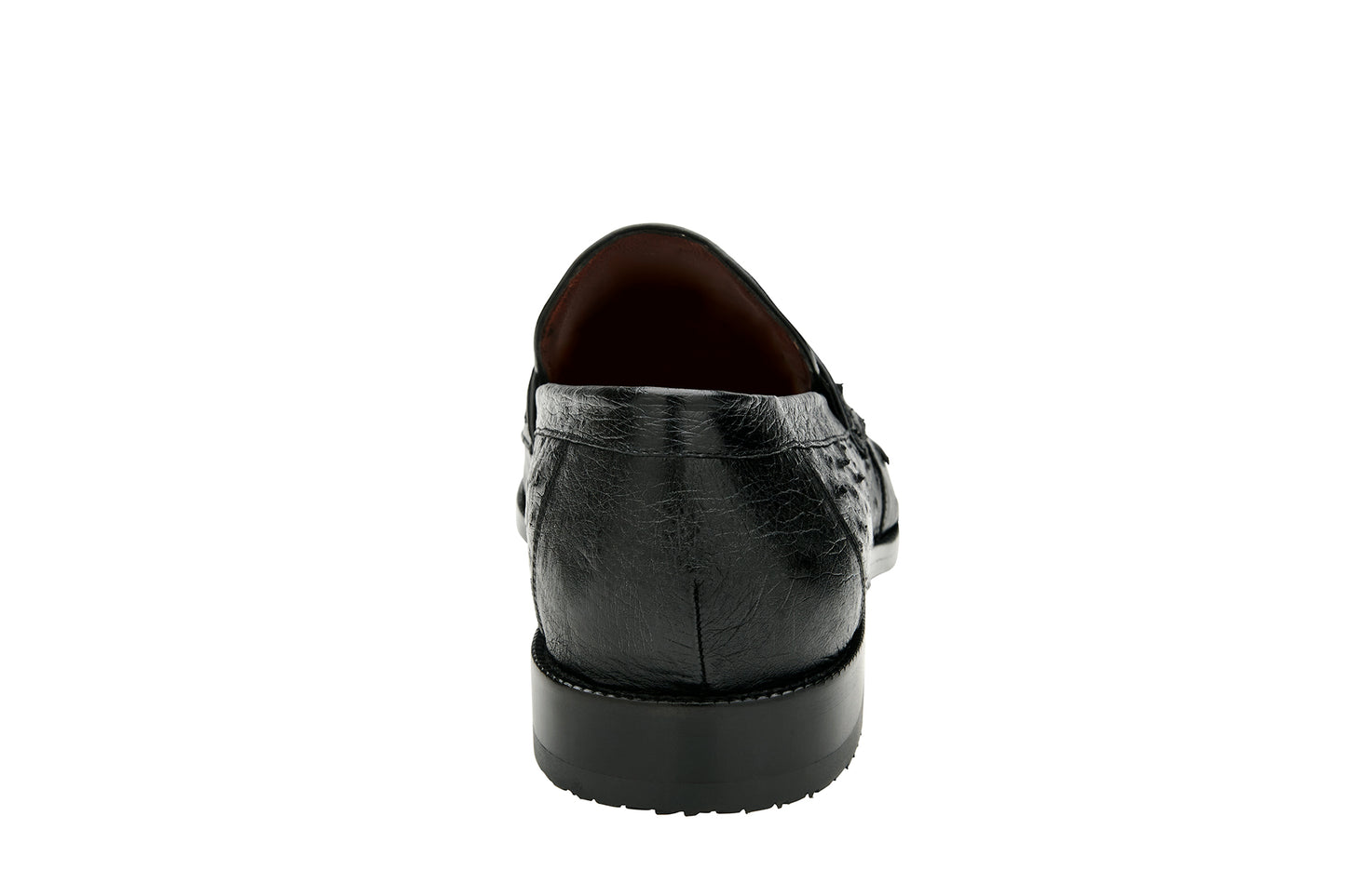 Presenting the Belvedere - Espada: a genuine ostrich leather dress shoe in black. This sophisticated shoe features a low heel and leather sole, showcasing both visible texture and a smooth finish.