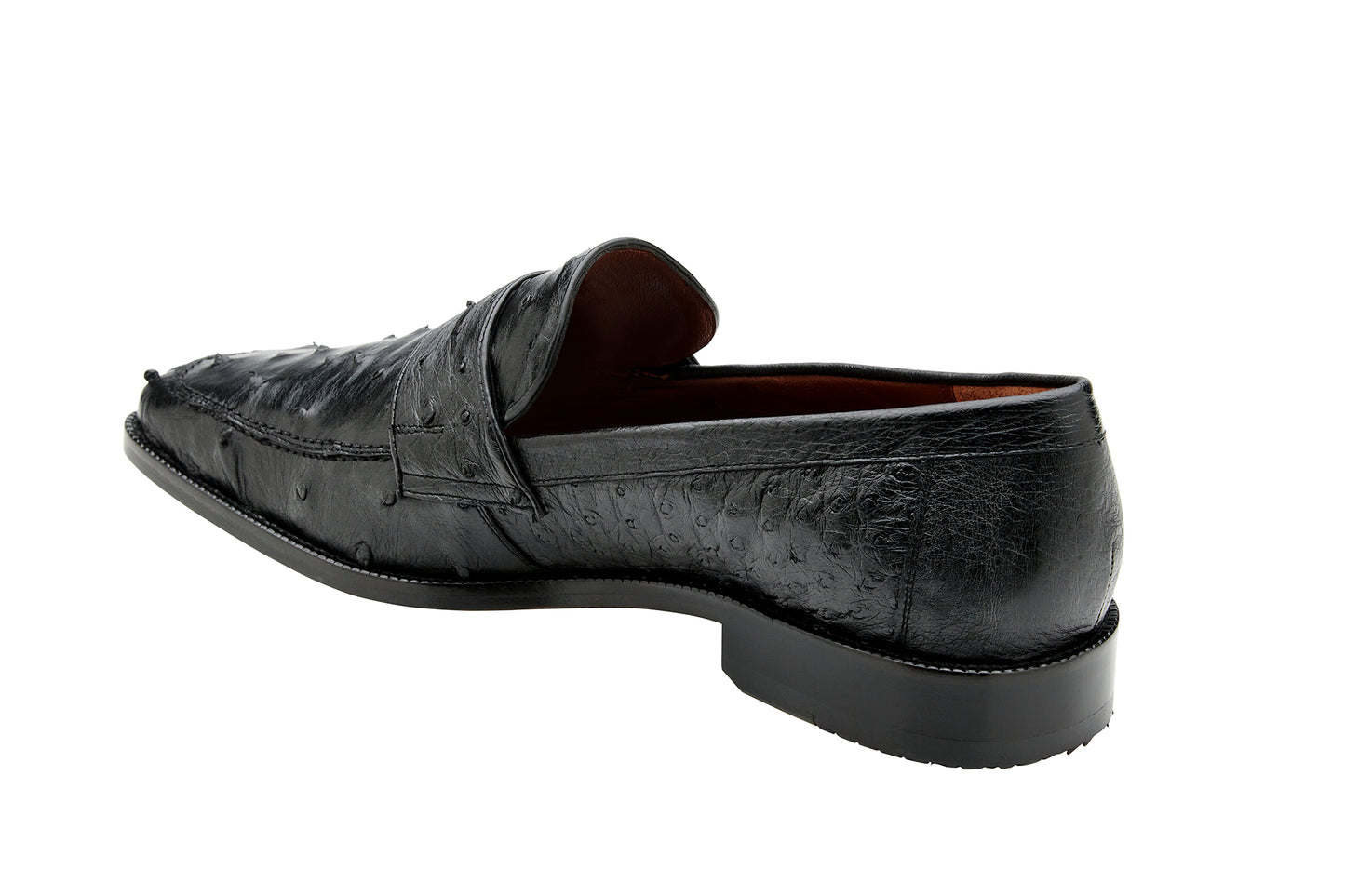 Presenting the Belvedere - Espada: a genuine ostrich leather dress shoe in black. This sophisticated shoe features a low heel and leather sole, showcasing both visible texture and a smooth finish.