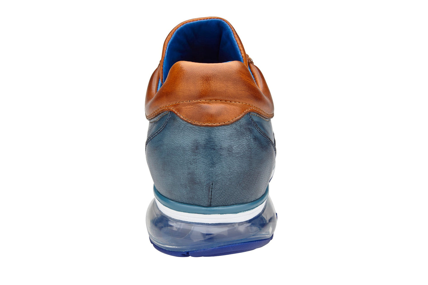 The Belvedere - Flash sneaker by BELVEDERE showcases a luxurious combination of genuine ostrich and soft Italian calf leather in antique blue safari and antique almond hues. This side view highlights a transparent section in the sole paired with a blue tread.