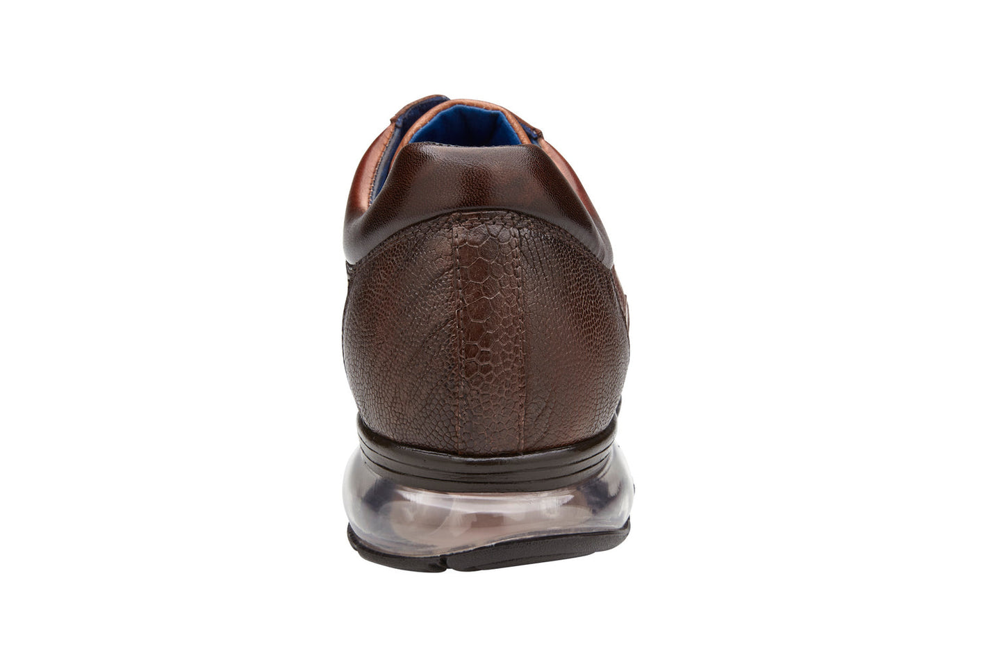 The Belvedere - George sneaker, crafted by BELVEDERE, showcases a multi-rust genuine ostrich design with a transparent sole and dark brown outsole. Its side profile reveals a comfortable cushion insole for enhanced comfort.