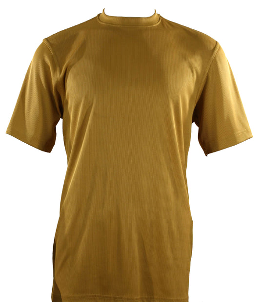 The Bassiri S/S Mock-Neck Gold T-Shirt 218 from Bassiri is designed in a striking gold shade, featuring a comfortable blend of polyester and spandex, and is showcased against a white backdrop.