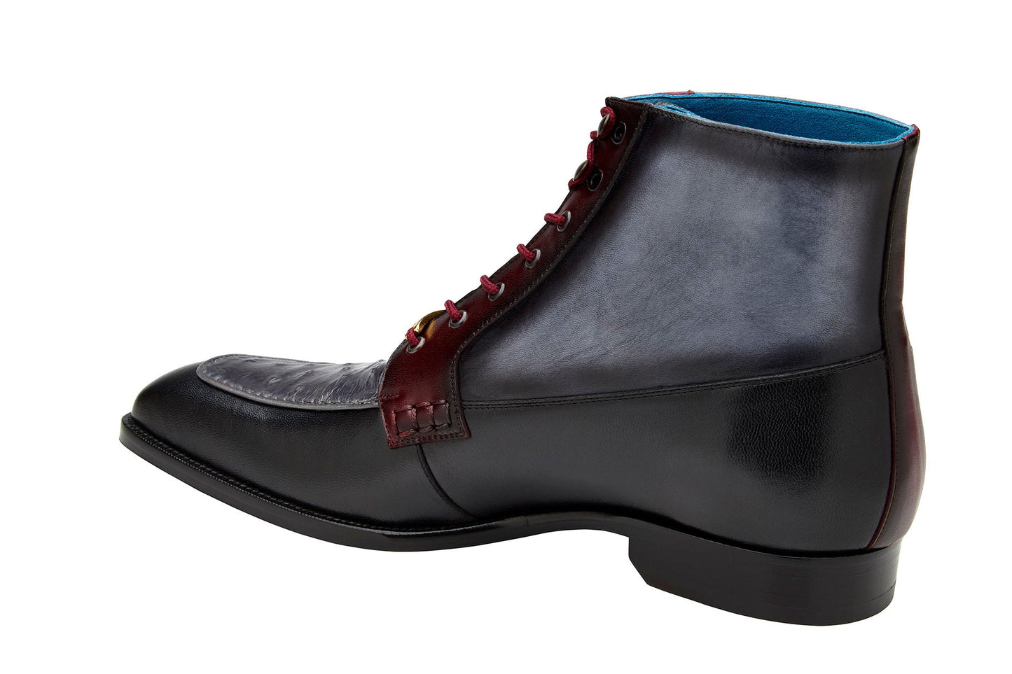 Introducing the Belvedere - Greco boot, a black, gray, and burgundy masterpiece crafted from genuine ostrich quill and Italian leather, featuring detailed blue lining and striking red laces.