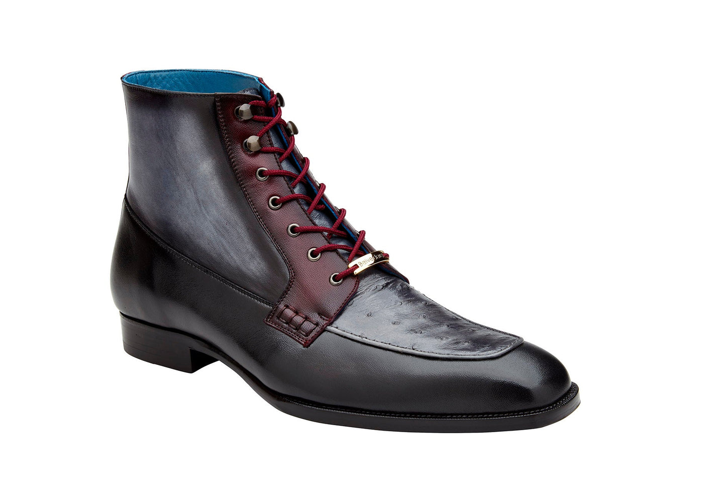 Introducing the Belvedere - Greco boot, a black, gray, and burgundy masterpiece crafted from genuine ostrich quill and Italian leather, featuring detailed blue lining and striking red laces.