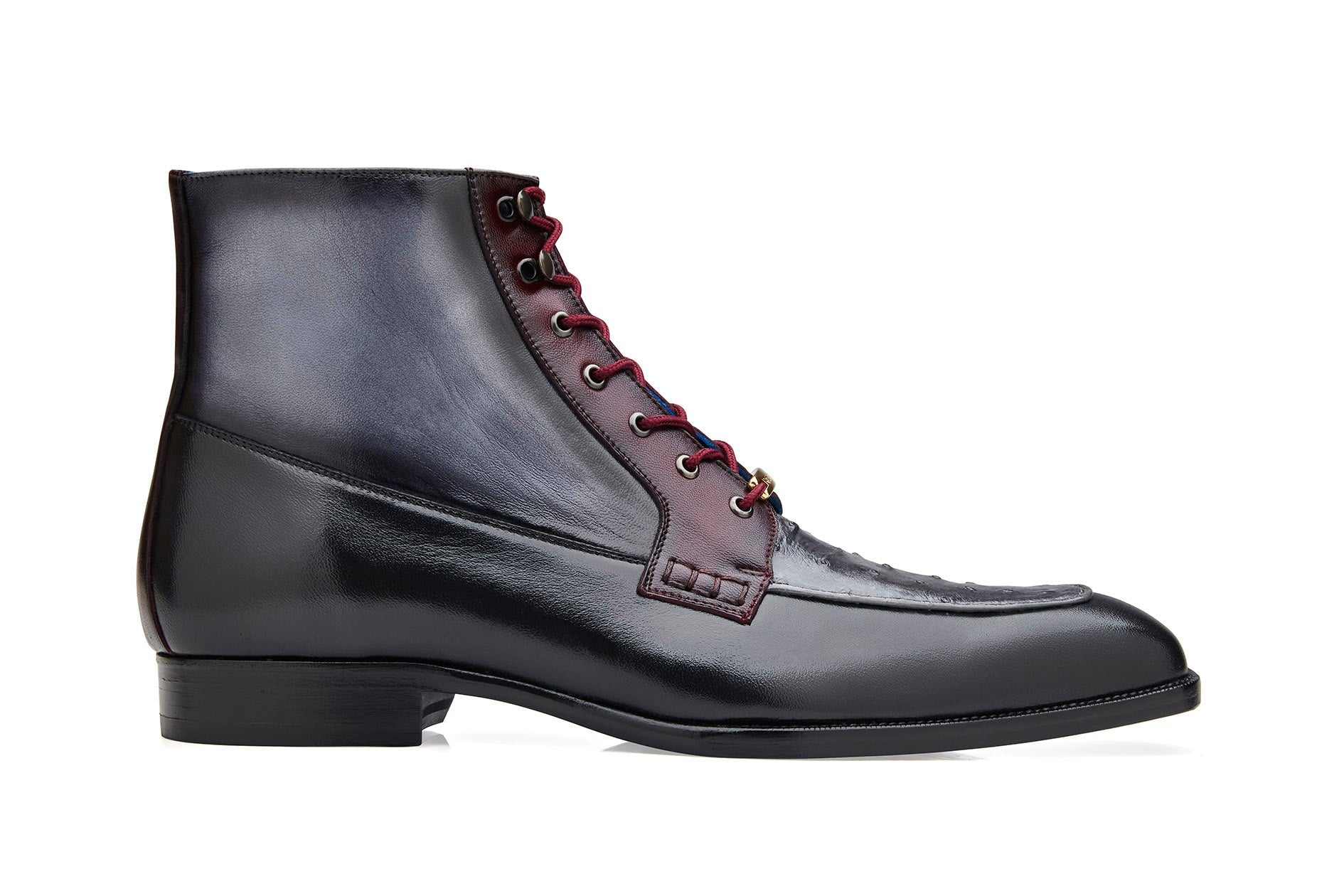 Introducing the Belvedere - Greco boot, a black, gray, and burgundy masterpiece crafted from genuine ostrich quill and Italian leather, featuring detailed blue lining and striking red laces.