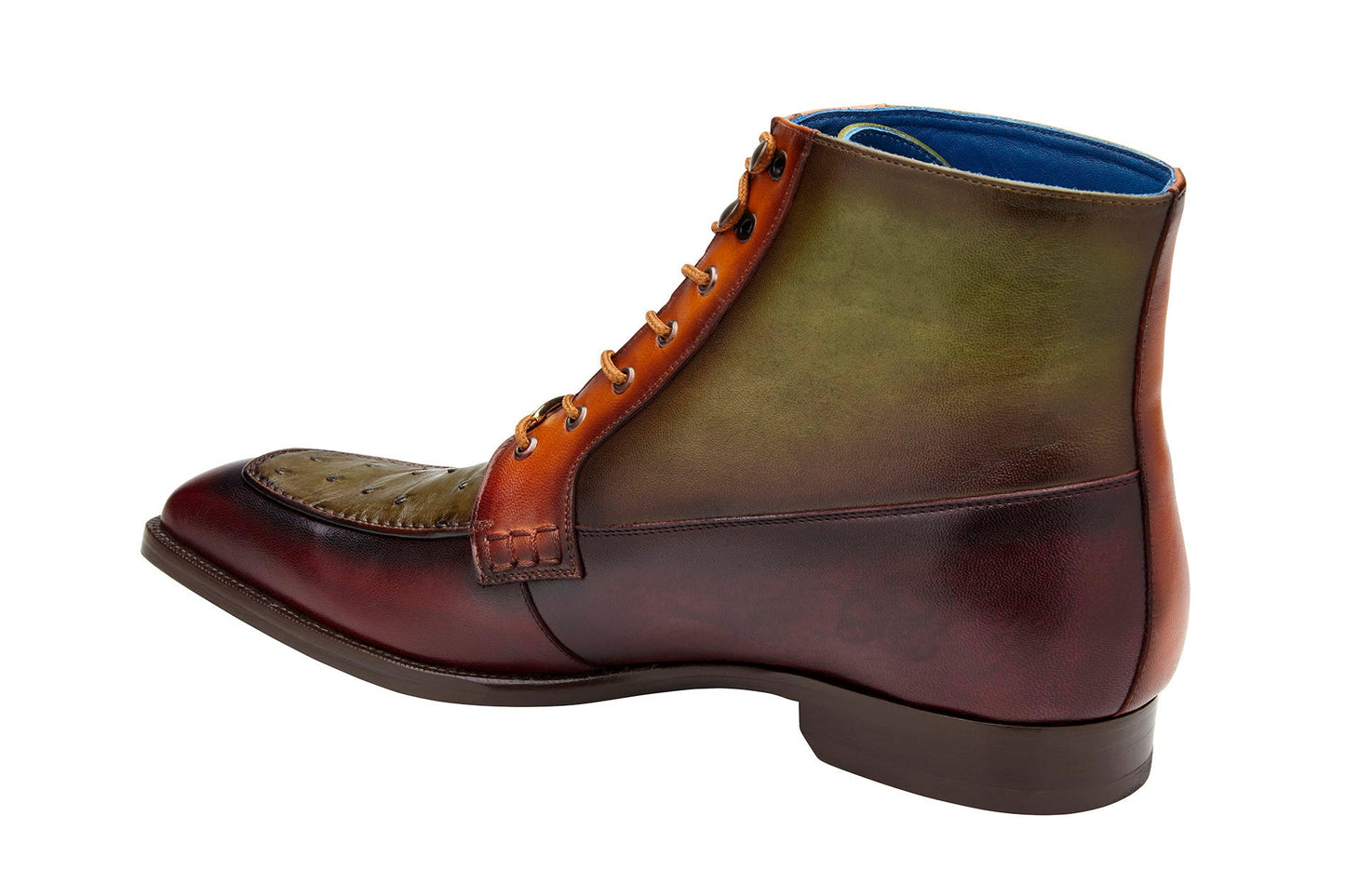 A Belvedere - Greco boot made of genuine Ostrich Quill and Italian leather, showcasing Antique Burgundy, Olive, and Brandy hues with laces and a low heel, set against a white background.