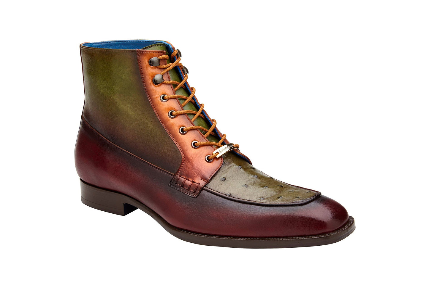 A Belvedere - Greco boot made of genuine Ostrich Quill and Italian leather, showcasing Antique Burgundy, Olive, and Brandy hues with laces and a low heel, set against a white background.