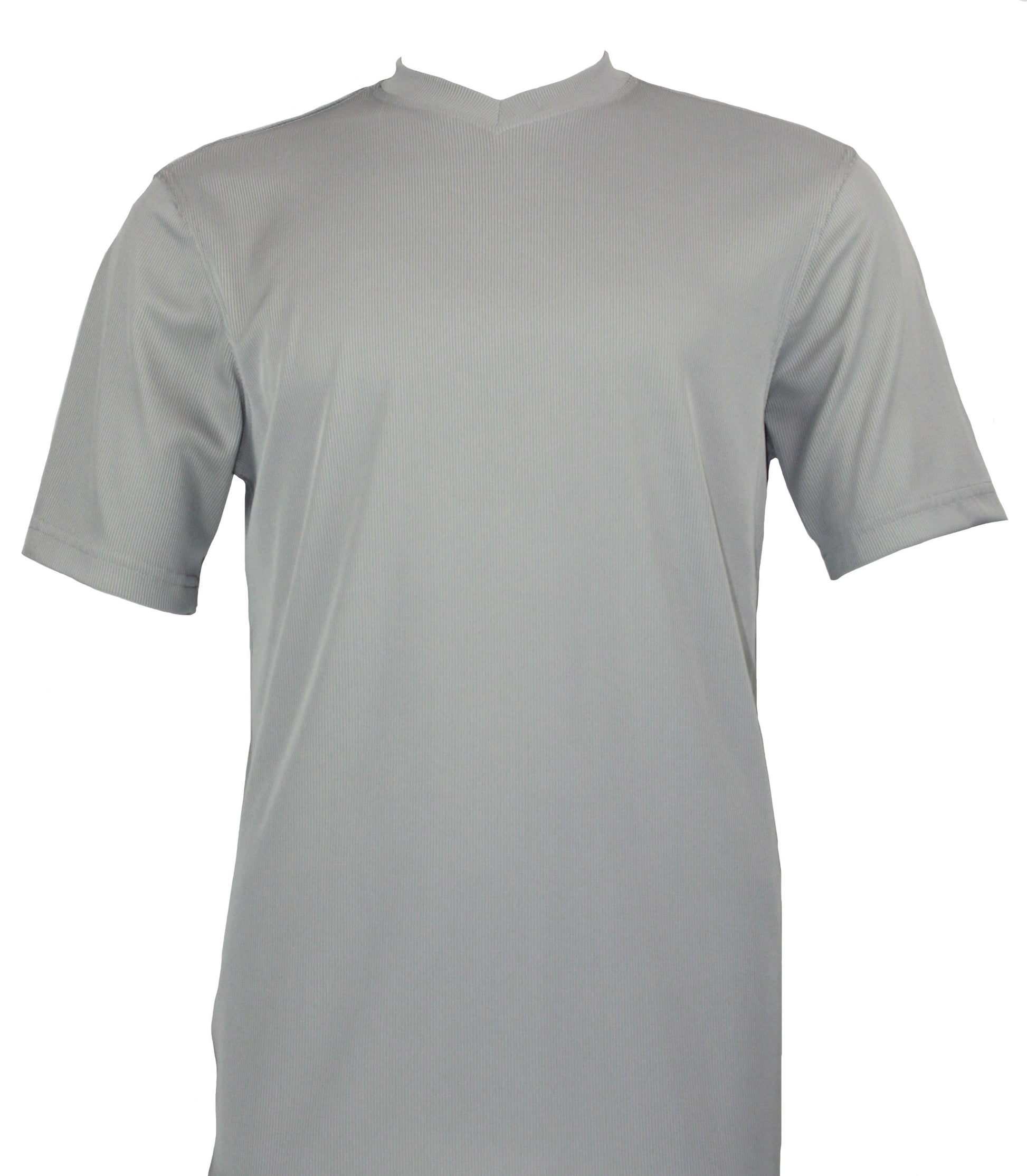 The Bassiri S/S V-Neck Grey T-Shirt 219, made by Bassiri, is a versatile short-sleeve tee crafted from a soft microfiber blend combined with spandex for enhanced stretch. This plain gray design exudes understated elegance and is perfect for adding a touch of refinement to any wardrobe.