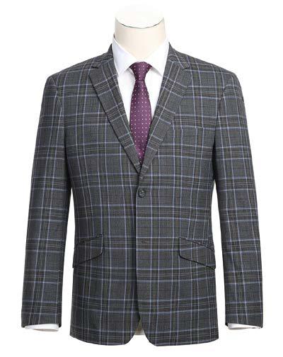 The Alessandro Vitello by Renoir Gray 2-Piece Slim Fit Checked Suit 293-28, featuring notched lapels and made from premium polyester, is ideally complemented by a white dress shirt and a purple polka dot tie for an elegant appearance.