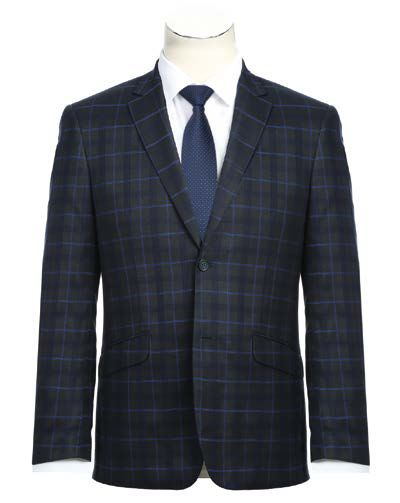 The Alessandro Vitello by Renoir Blue 2-Piece Slim Fit Checked Suit, paired with a white dress shirt and a dark blue tie, is displayed on a mannequin.